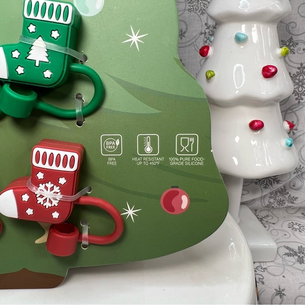 CWC Christmas Holiday Decorated Stocking Silicone Straw Toppers - Set Of 6 - Picture 3 of 6